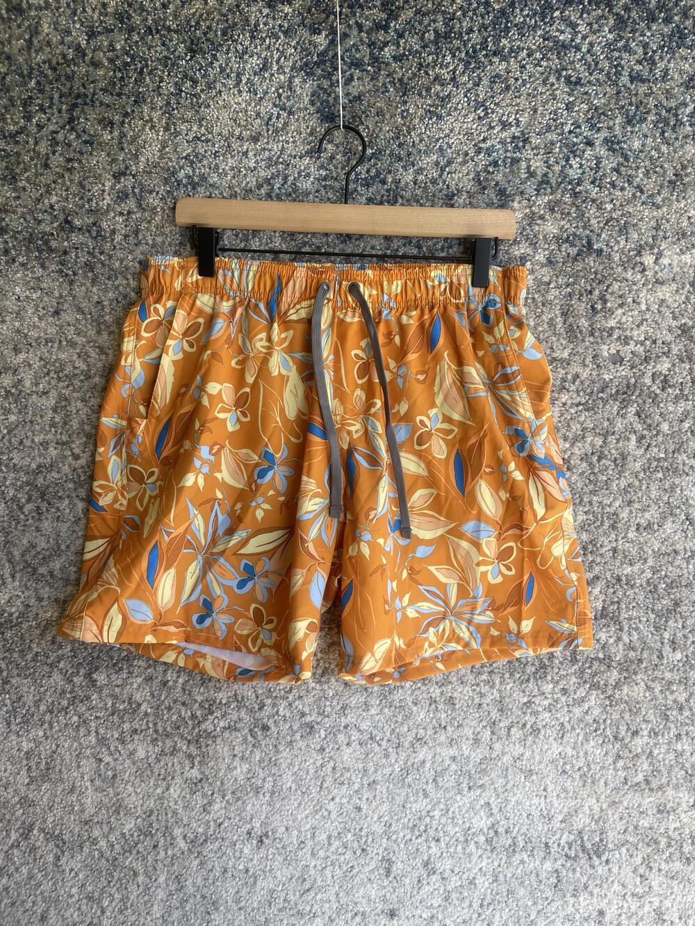 prAna Swim Trunks Mens Medium Orange Blue Floral Board Shorts Mesh Lined Pocket